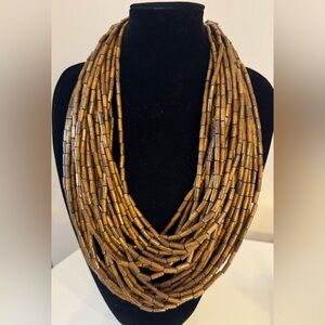 Vintage Multi-Strand Wood Bugle Bead Necklace in Brown